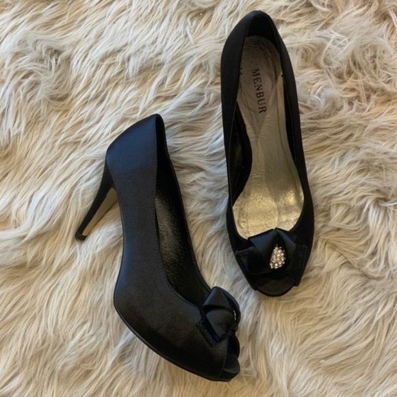 Menbur Shoes - Menbur Black Peep Toe heels with Rhinestone Accent